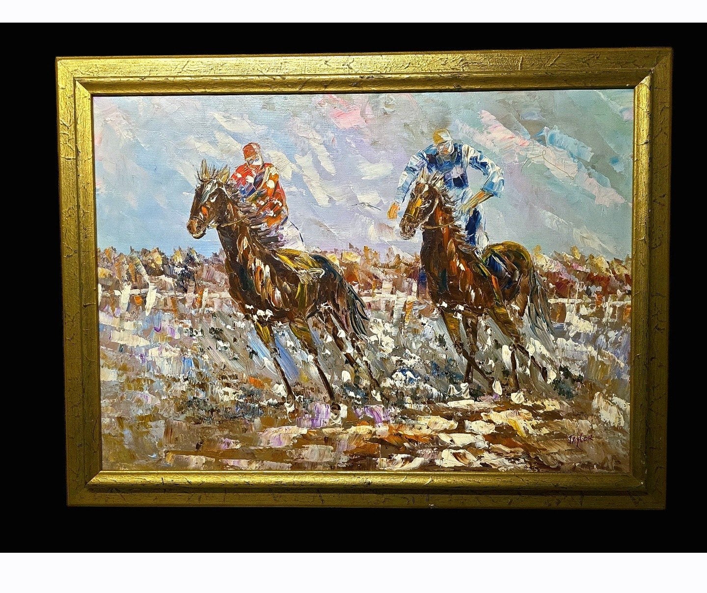 Schilderij: Paardenrace met jockeys, olieverf op doek, Antiek en Kunst, Doek, Expressionistisch, Dieren, Ophalen of Verzenden