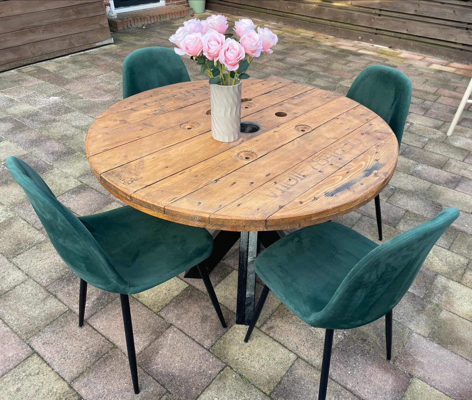 Eettafel 110 cm met stoelen, Ophalen, Gebruikt, 100 tot 150 cm, Rond