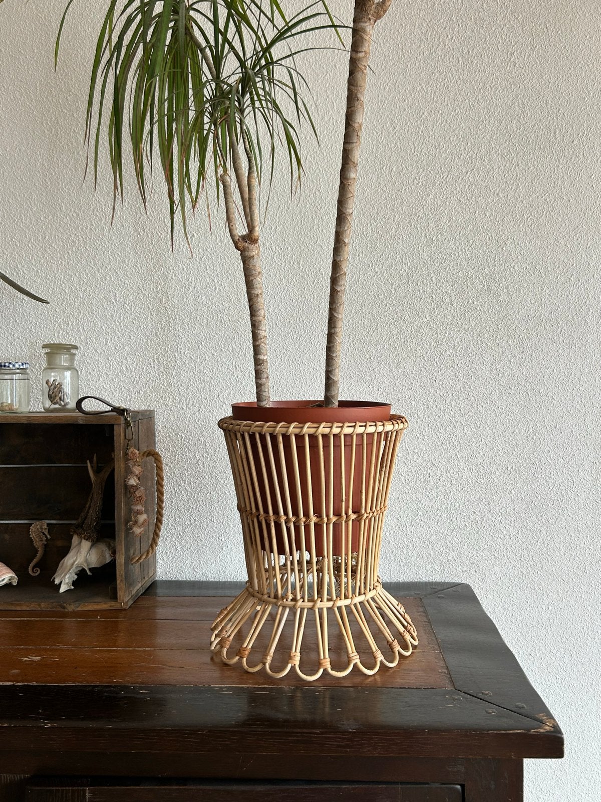Rotan plantenstandaard - vintage look, Overige materialen, Minder dan 30 cm, Minder dan 60 cm, Rond