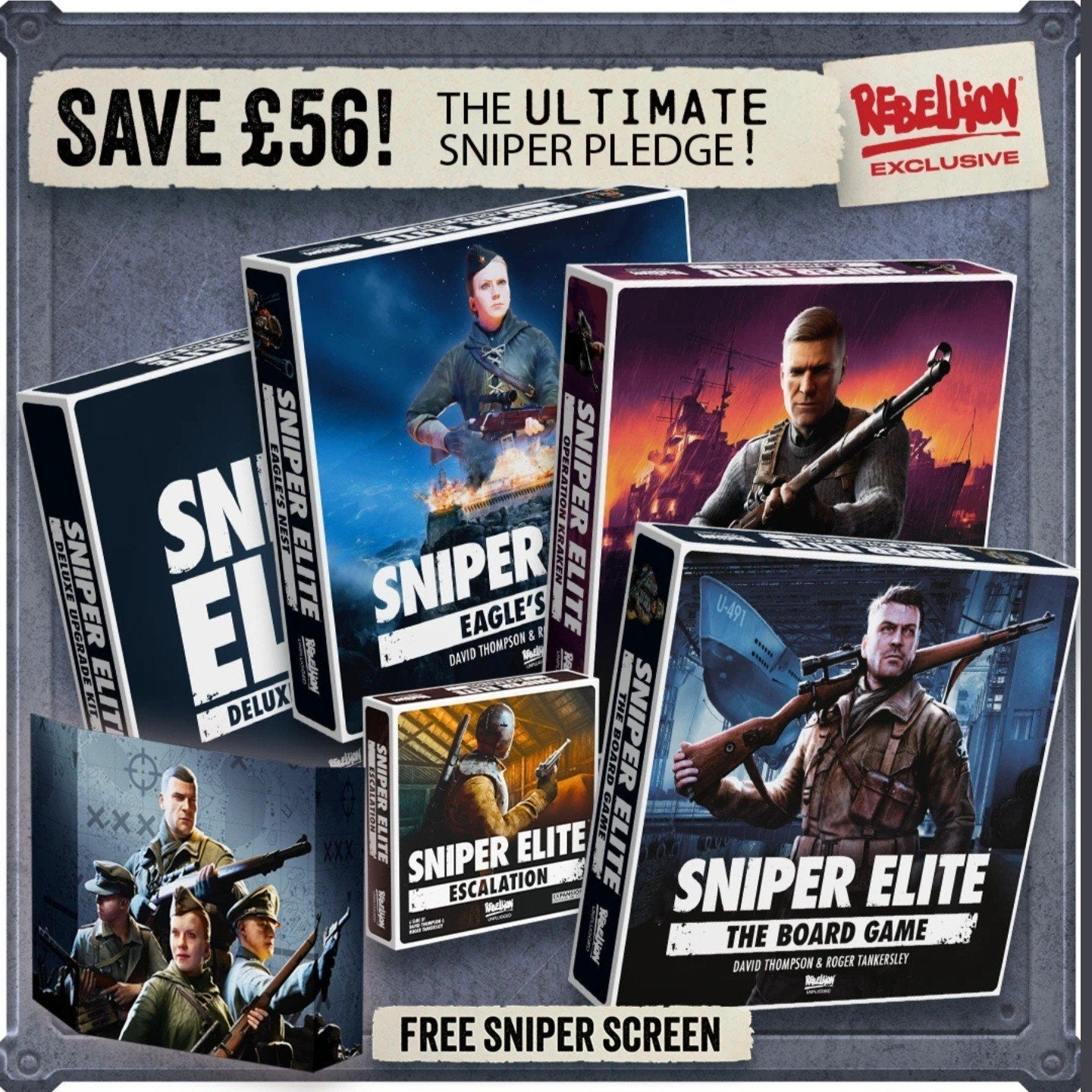Sniper Elite Board Game + Deluxe Upgrade + 3 Uitbreidingen, Ophalen of Verzenden, Nieuw, Rebellion Unplugged