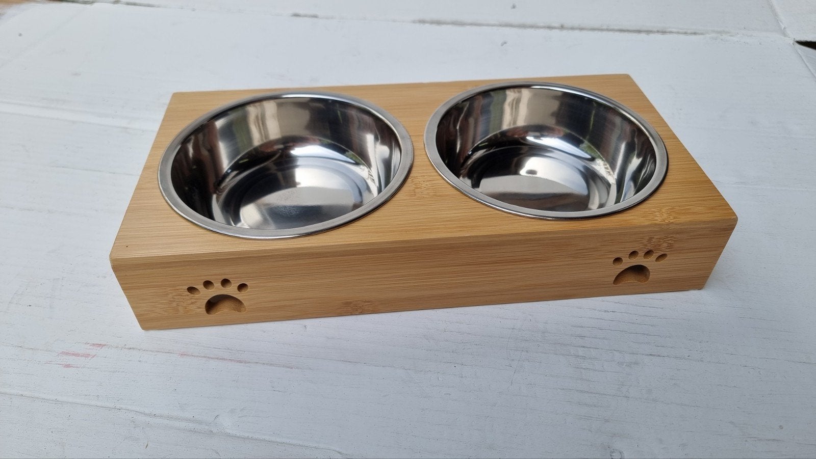 Bamboe voerbak houder met RVS kommen – kat en hond – nieuw, Ophalen of Verzenden, Nieuw
