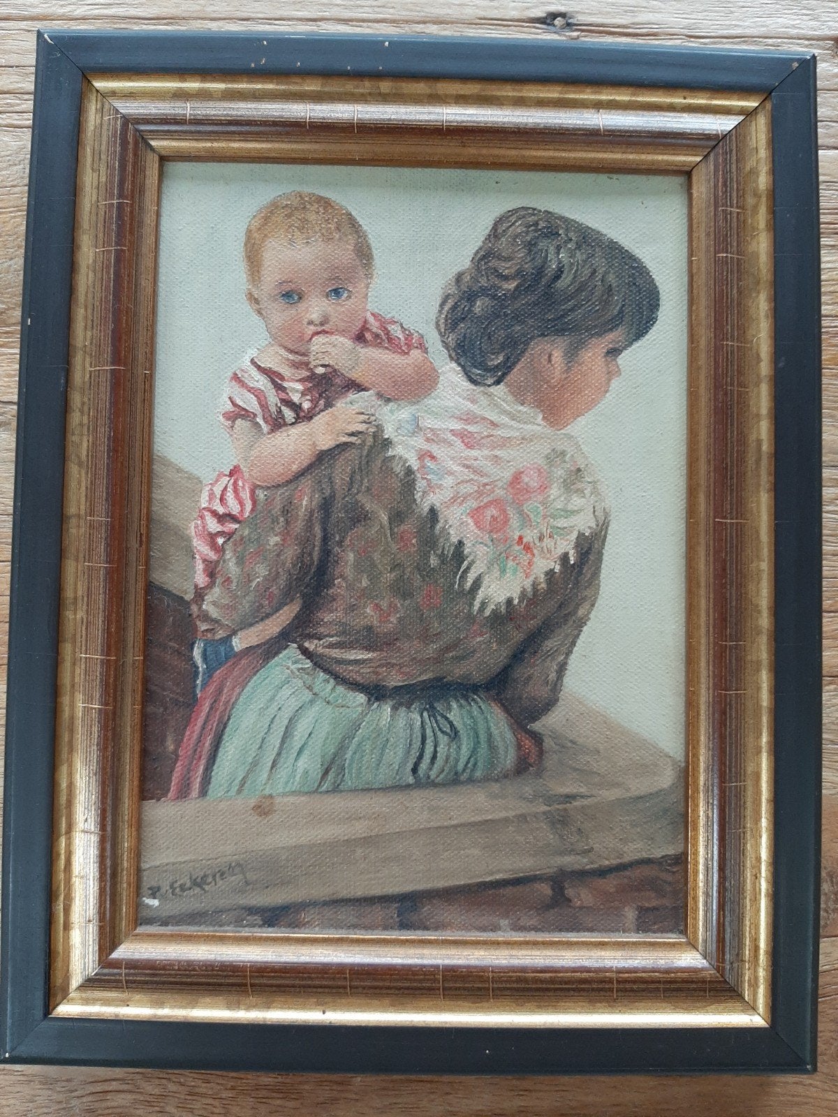 Olieverfschilderij Moeder en Kind - Gesigneerd F. Eckerey, Doek, Portret of Personen, Realistisch, Ophalen of Verzenden