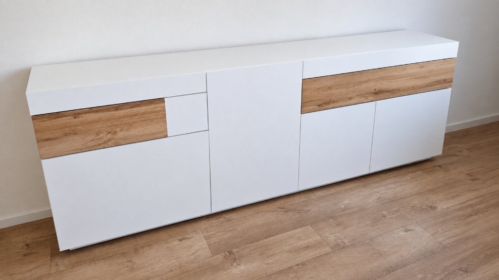 Arte-N Silke 25 dressoir / sideboard 219 cm – wit hoogglans, Ophalen, Met lade(s), 200 cm of meer, Eikenhout