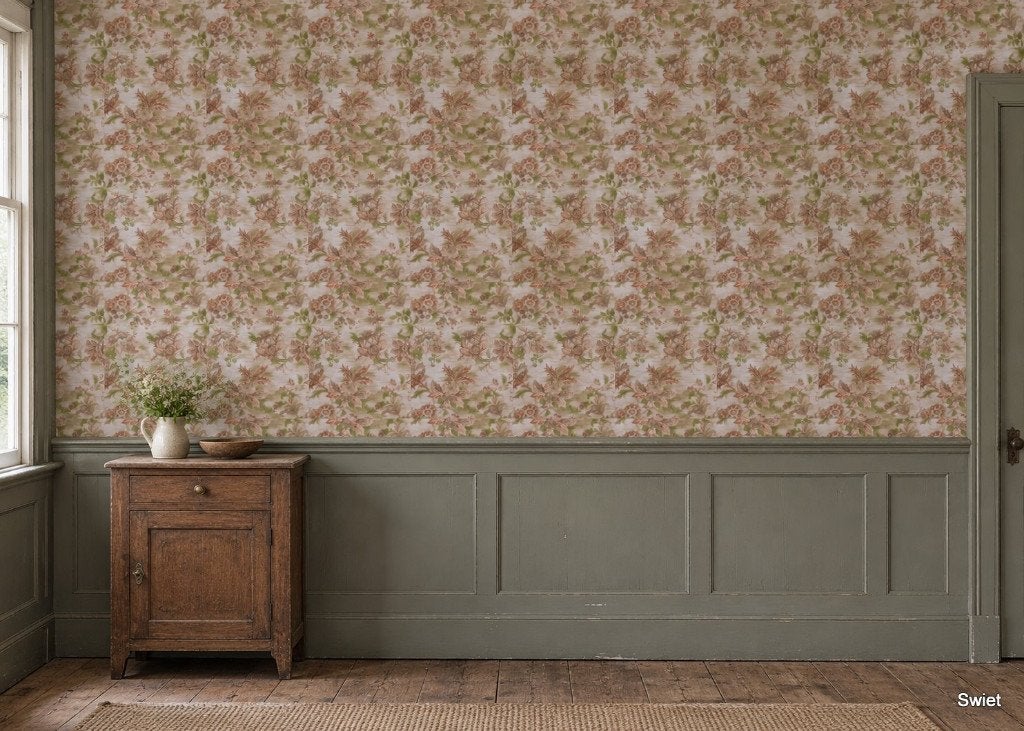 7893 Vintage behang met bloemen en gemêleerde jutelook swiet, Ophalen of Verzenden, Groen