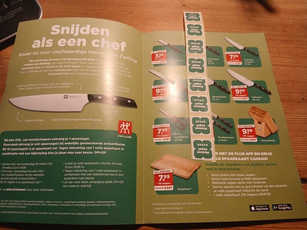 Spaaractie Plus; messen van Zwilling - 8 zegels !, Verzamelen, Supermarktacties, Plus, Verzenden