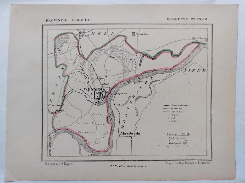 63 / Gemeente Wessem Limburg Litho uit 1866 door J. Kuyper, Ophalen of Verzenden