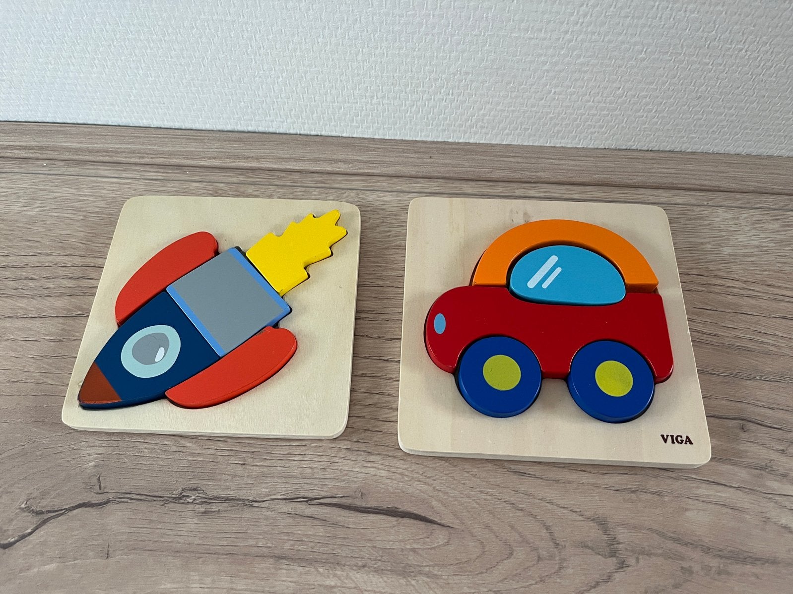 Houten puzzel raket en auto, Kinderen en Baby's, Speelgoed | Houten speelgoed, Ophalen of Verzenden, Gebruikt, Overige typen