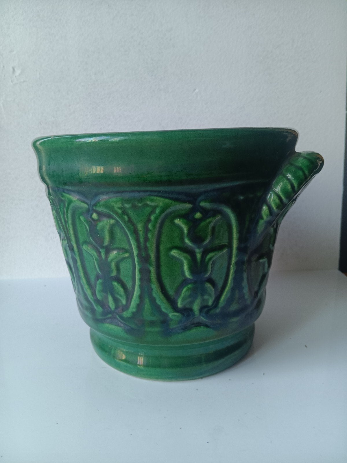 Groene West Germany Bloempot - Barbotine Stijl, 16 cm, Ophalen of Verzenden