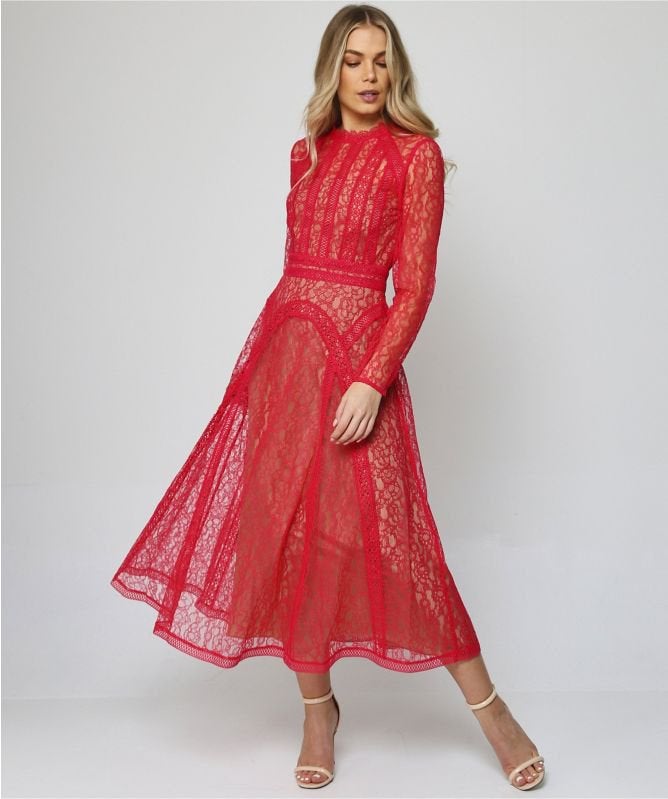 Self-Portrait Long Sleeve Lace Panel Midi Dress M  NIEUW, Kleding | Dames, Maat 38/40 (M), Nieuw, Ophalen of Verzenden, Roze