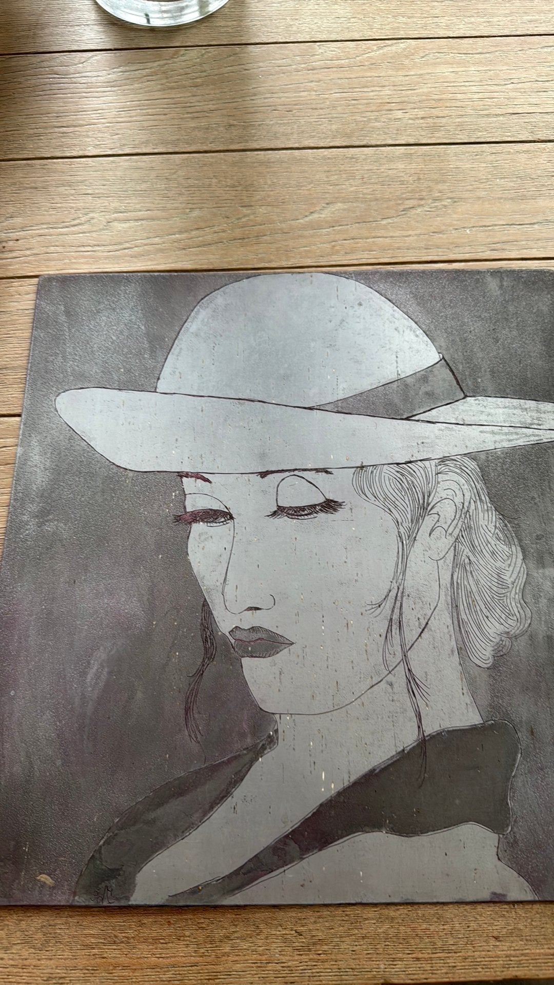 Vintage metalen wandpaneel-Art Deco portret dame met hoed, Ophalen of Verzenden