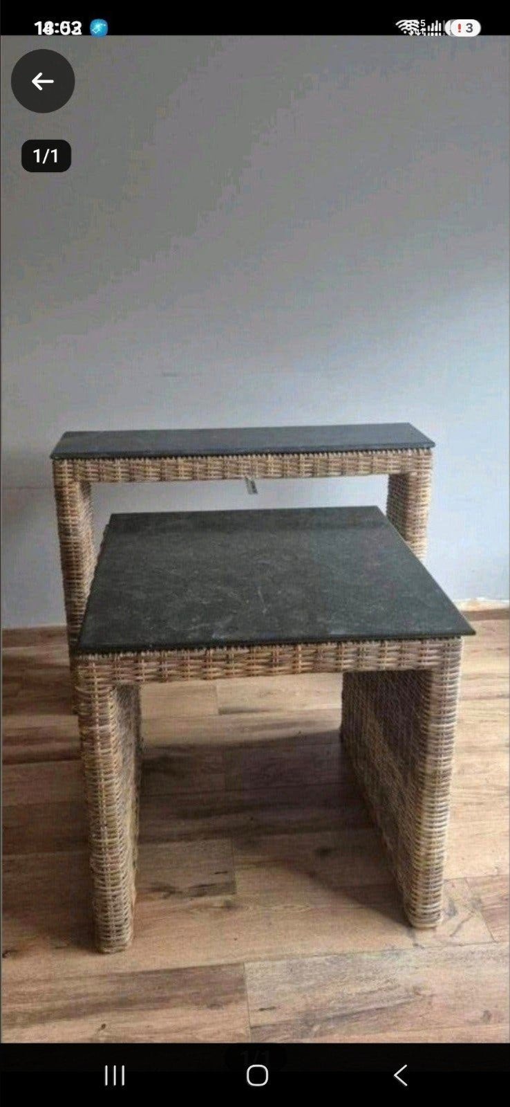 Set van 2 rotan bijzettafels met stenen blad, Ophalen, Overige materialen, 75 cm of meer, 60 cm of meer