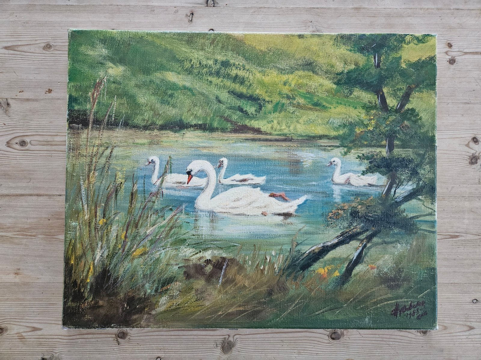 Brocant Landelijk Schilderij met Zwanen, Ophalen