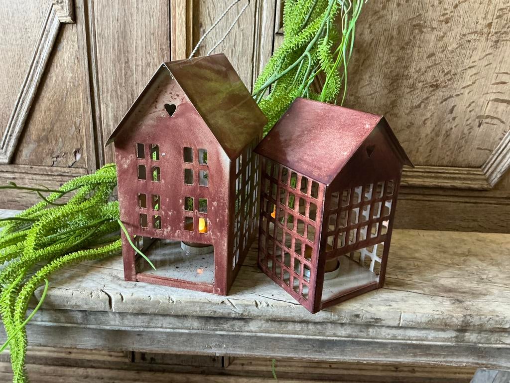 N9EUW set metalen windlicht huisjes amber kleurig, Ophalen of Verzenden, Nieuw