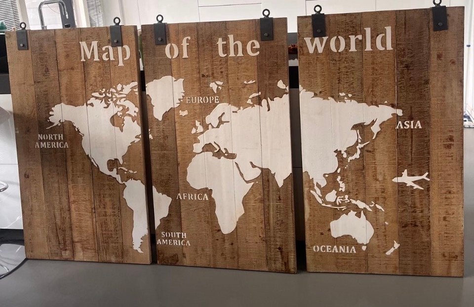Houten wereldkaart wanddecoratie - 3 panelen, Ophalen, Industrieel, 120 cm, Hout