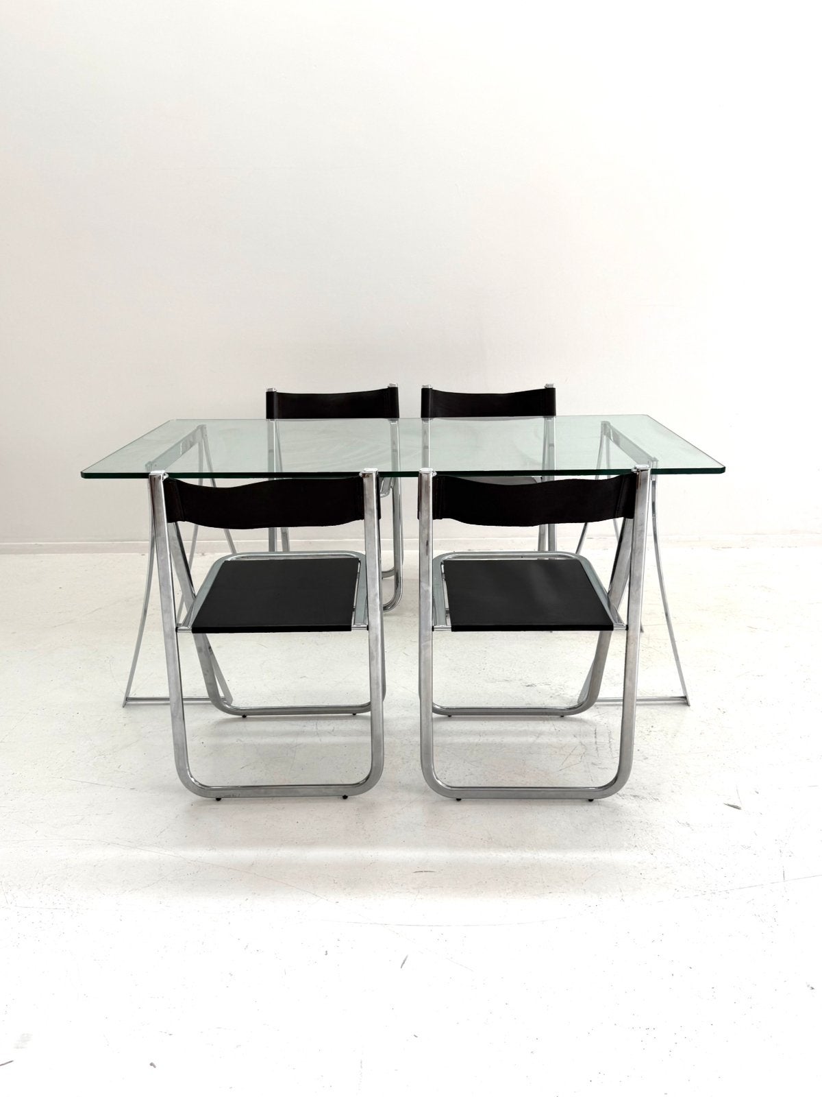 Vintage chroom & glazen eettafel, Peter Ghyczy ‘80, Peter Ghyczy, Glas, 150 tot 200 cm, Rechthoekig
