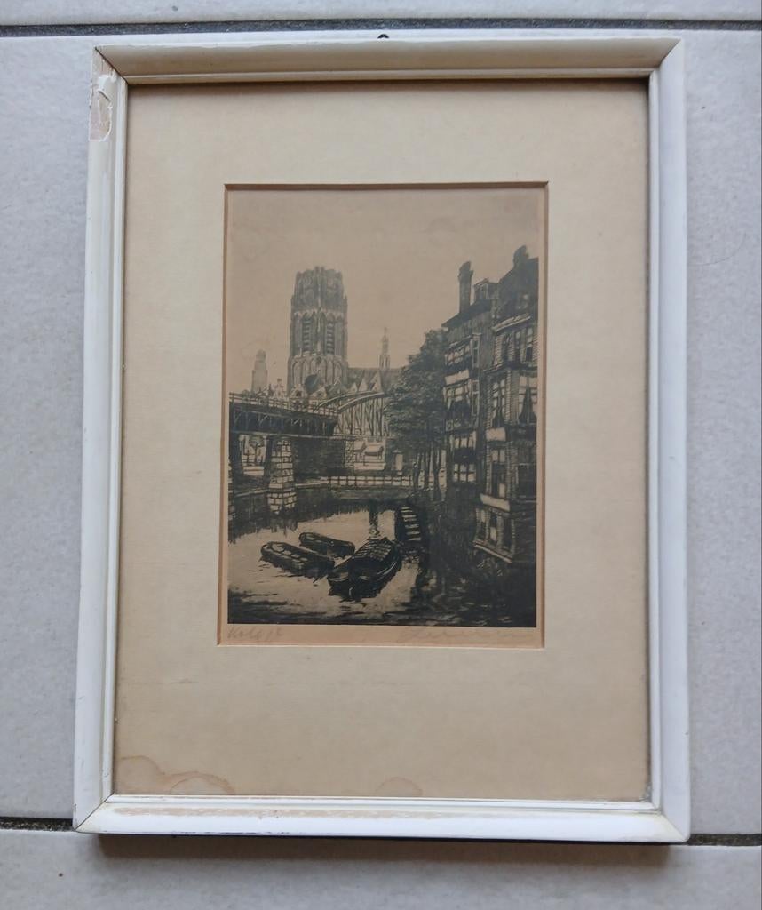 Ets De Kolk Met de Laurenskerk Rotterdam, Antiek en Kunst, Kunst | Etsen en Gravures, Ophalen of Verzenden