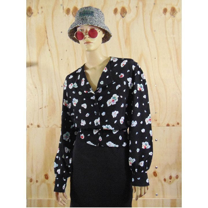 Vintage 90s zwart / witte blouse print maat 42, Kleding | Dames, Verzenden, Zwart, Maat 42/44 (L), Zo goed als nieuw