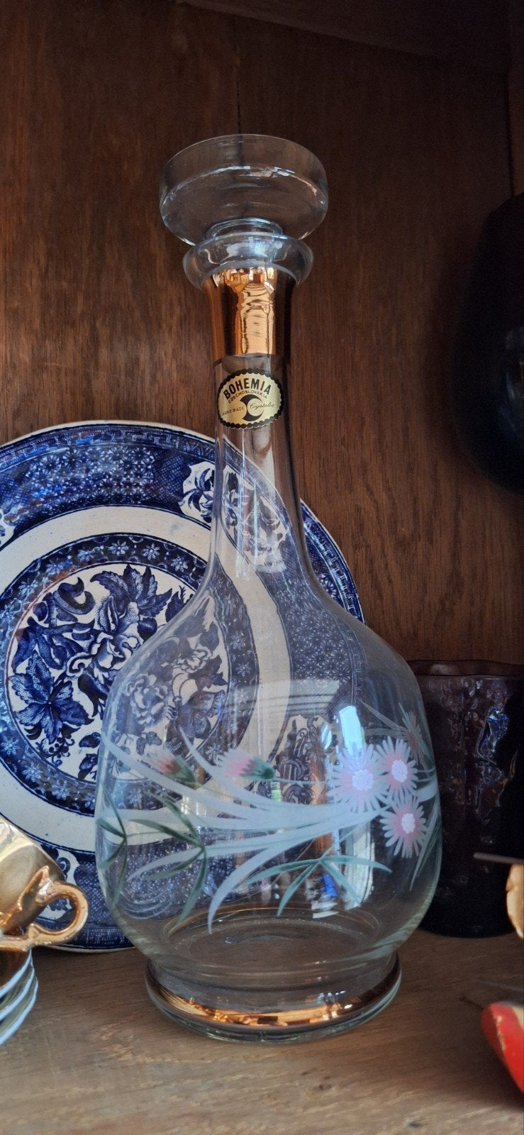 Vintage Bohemia Kristal Karaf met Bloemmotief, Ophalen
