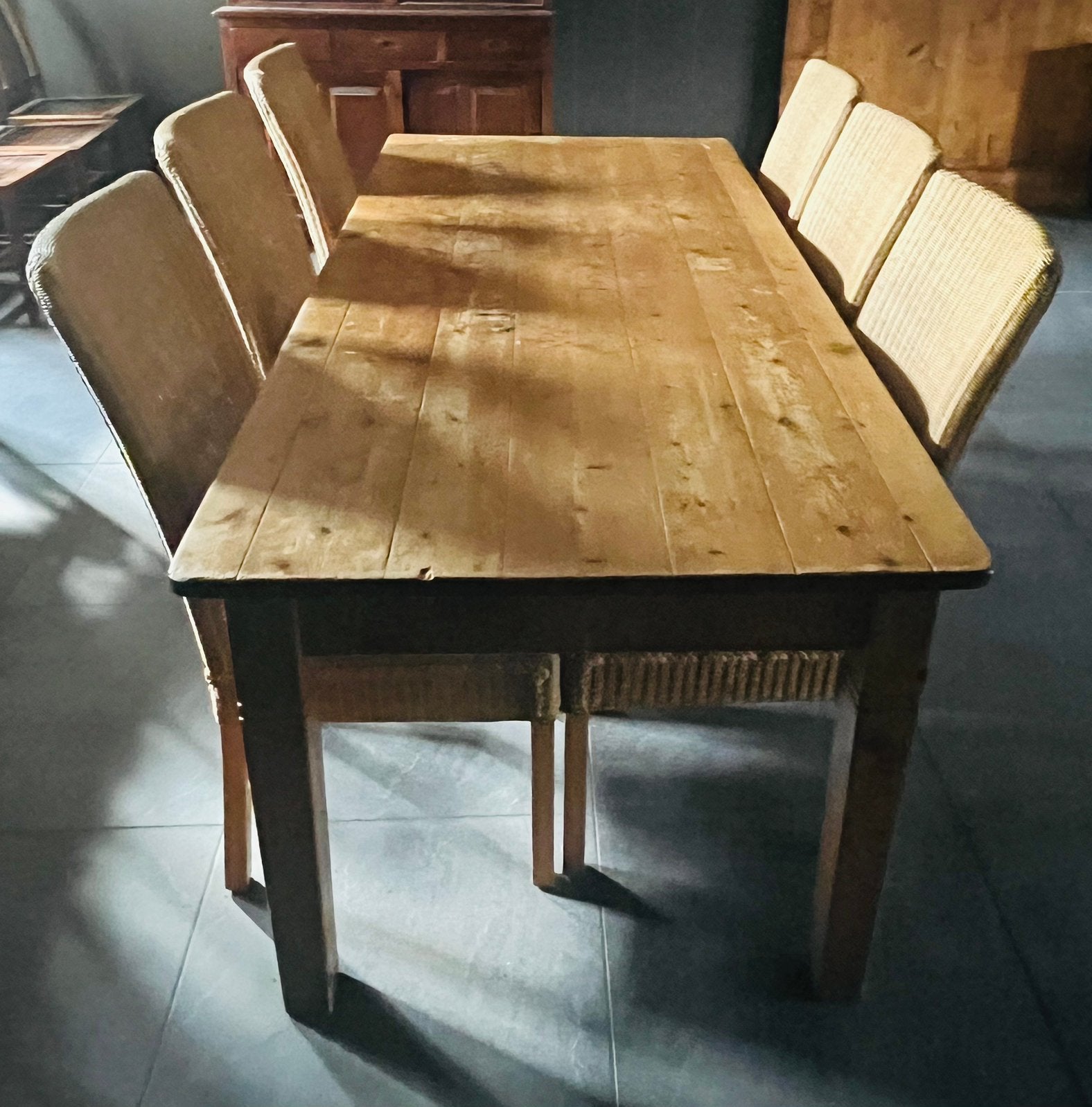 Tafel met 6 stoelen, Ophalen of Verzenden, Gebruikt, Grenen hout met riet, 4 tot 6 stoelen