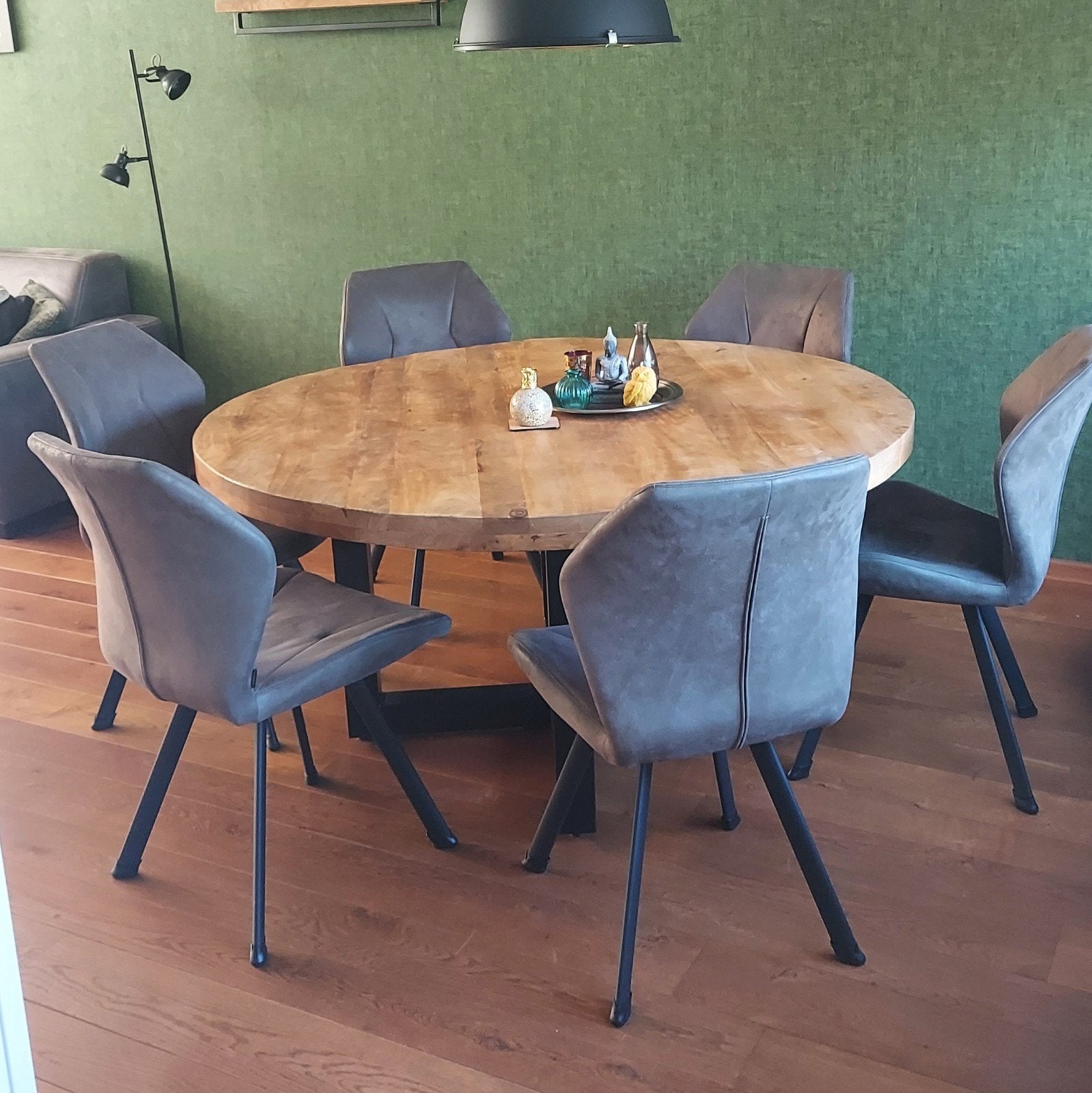 Mangohouten eettafel rond 150 cm (zonder stoelen), Huis en Inrichting, Tafels | Eettafels, Ophalen, Gebruikt, 100 tot 150 cm, Rond