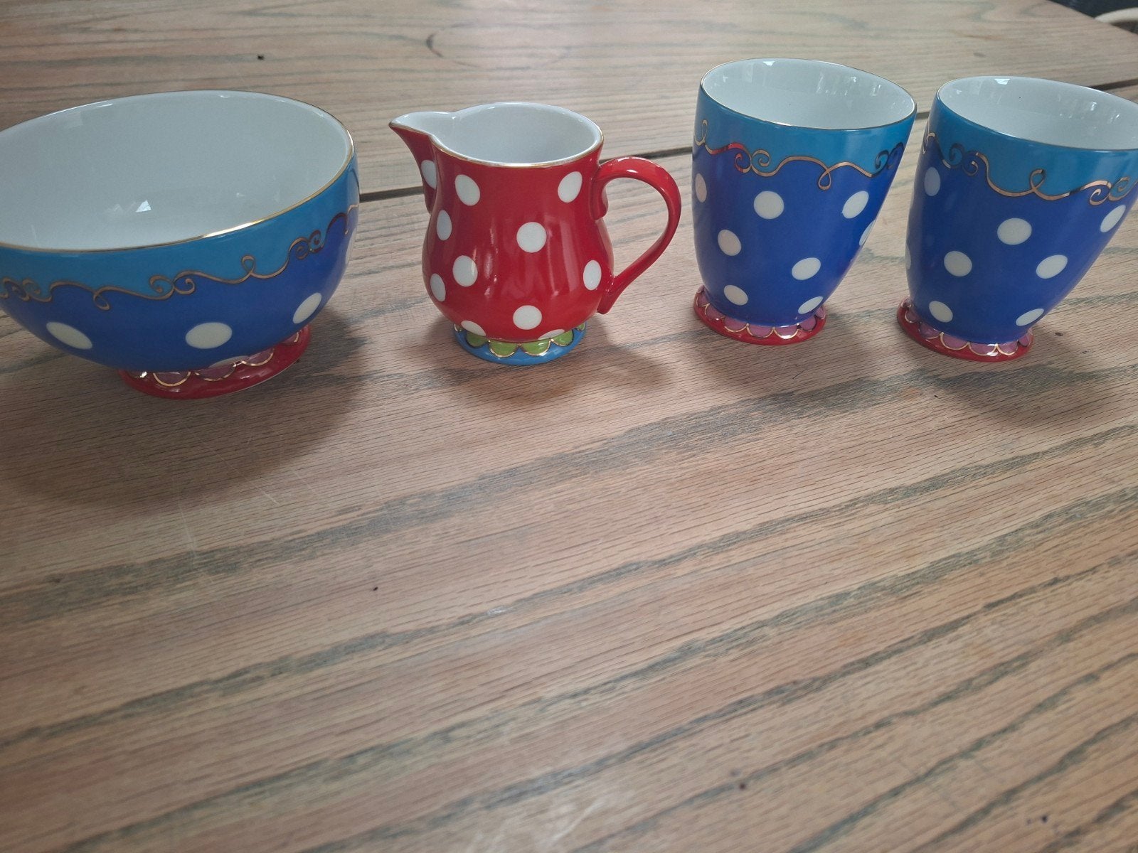 Douwe Egberts Oilily servies: kom, melkkan en 2 bekers, Gebruikt, Overige merken, Keramiek, Ophalen of Verzenden