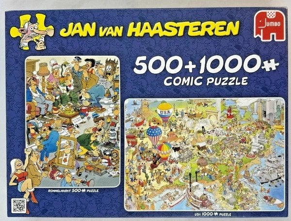 Jan van Haasteren puzzel Combibox Rommelmarkt 500 & USA 1000, Hobby en Vrije tijd, Denksport en Puzzels, Verzenden, 500 t/m 1500 stukjes