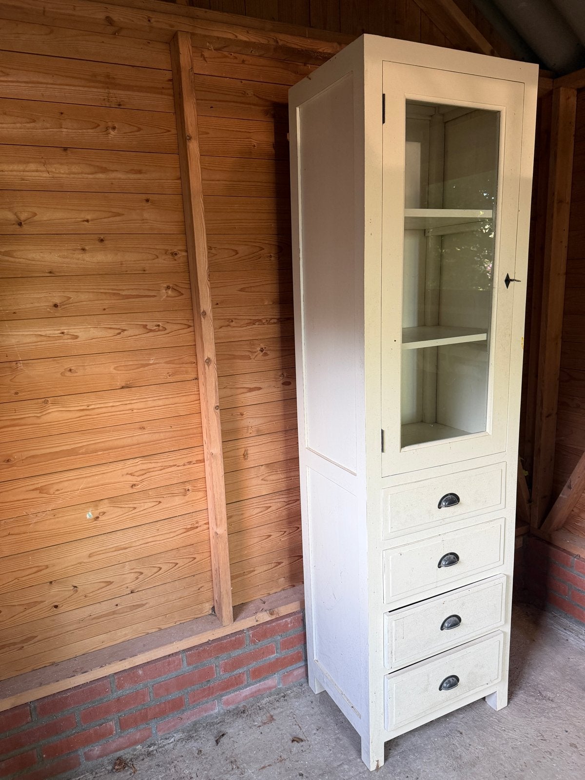 Twee robuuste vitrinekasten met lades (198x55x40 cm), Huis en Inrichting, Kasten | Vitrinekasten, Ophalen, Gebruikt, 50 tot 100 cm