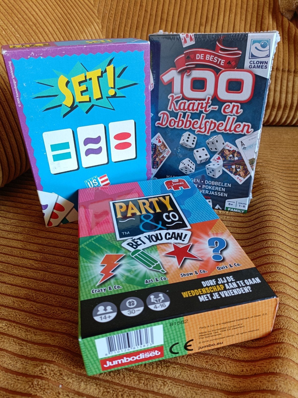 Bordspellen set: SET!, 100 Kaart- en Dobbelspellen, Party&CO, Vijf spelers of meer, Ophalen of Verzenden, Gebruikt, Clown Games, Jumbo, US Games Systems