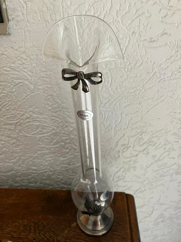 Glazen vaas met tin. Etain Soufflé Bouche, Antiek en Kunst, Ophalen of Verzenden