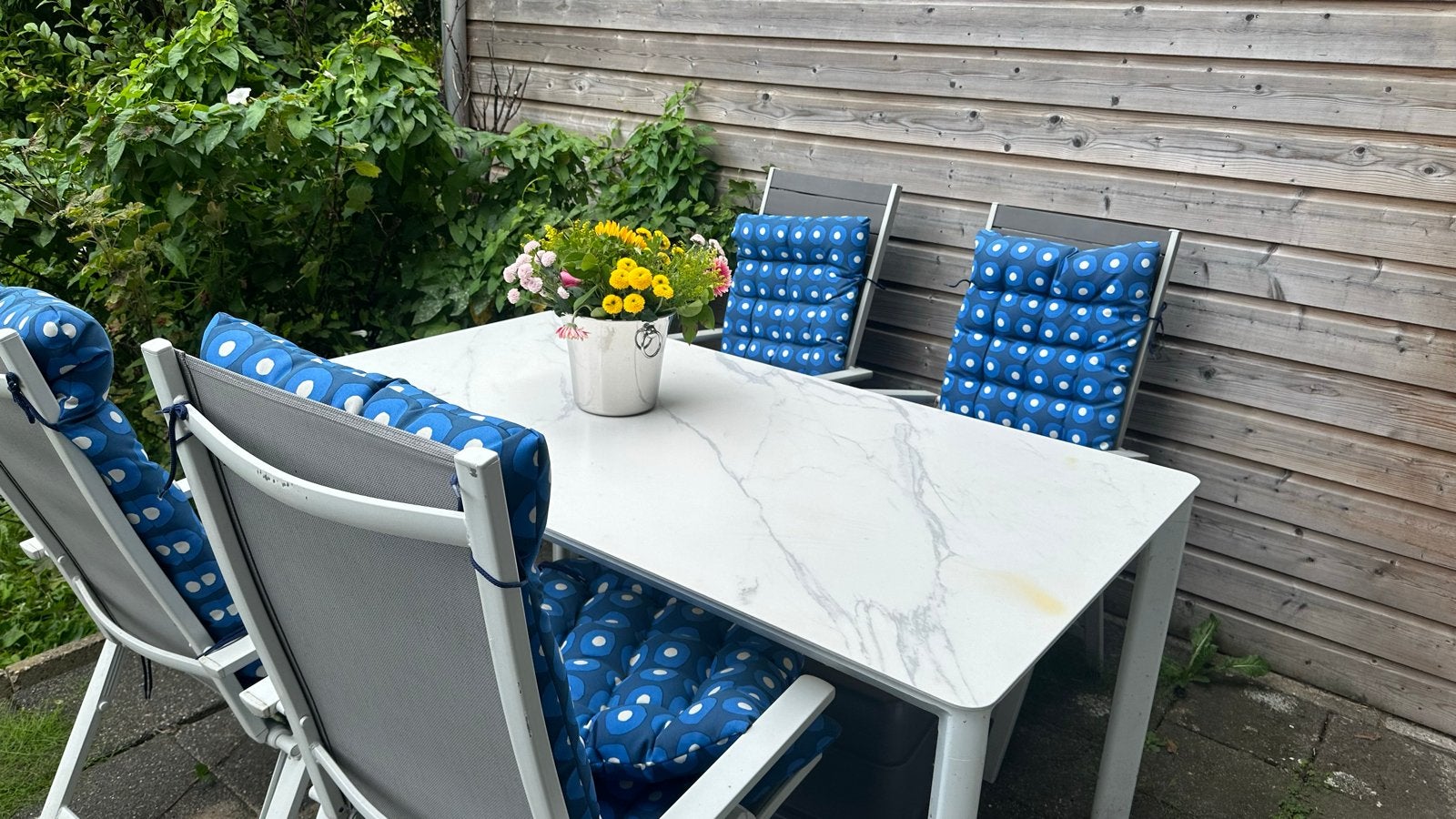 Tuinset met tafel (160x90) en 4 stoelen, incl. kussens, Tuin en Terras, Ophalen, Gebruikt, Eettafel, Tuinset