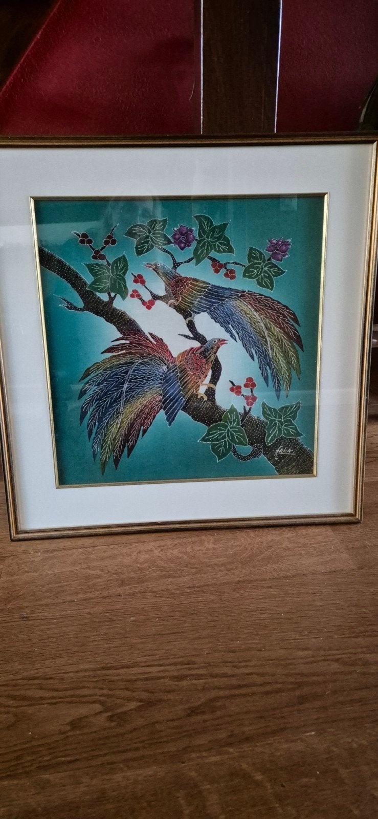 Uniek Batik Schilderij: Kleurrijke Paradijsvogels (61x63cm), Ophalen