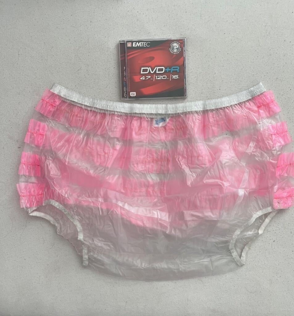 PVC slip wit met roze ruches (XXXL), Ophalen, Wit, Slip