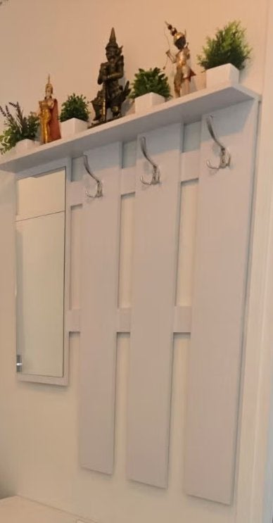 Wandkapstok met spiegel en 3x dubbele kapstokhaken (wit), Huis en Inrichting, 100 tot 150 cm, Zo goed als nieuw, Hout, Ophalen