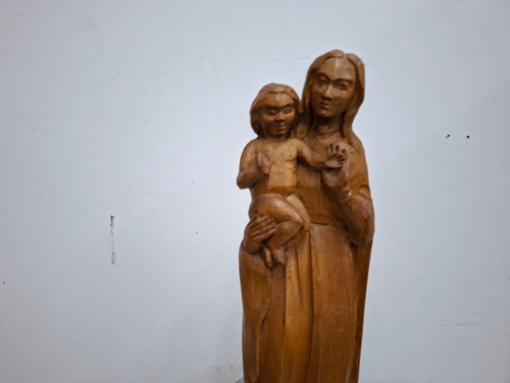 grote handgemaakte houten maria beeld met christus op de arm, Ophalen of Verzenden