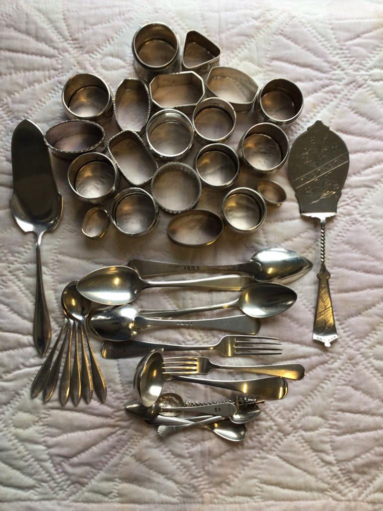 Zilver bestek en servetringen tweede gehalte zilver 1160 gr., Antiek en Kunst, Antiek | Goud en Zilver, Ophalen of Verzenden, Zilver