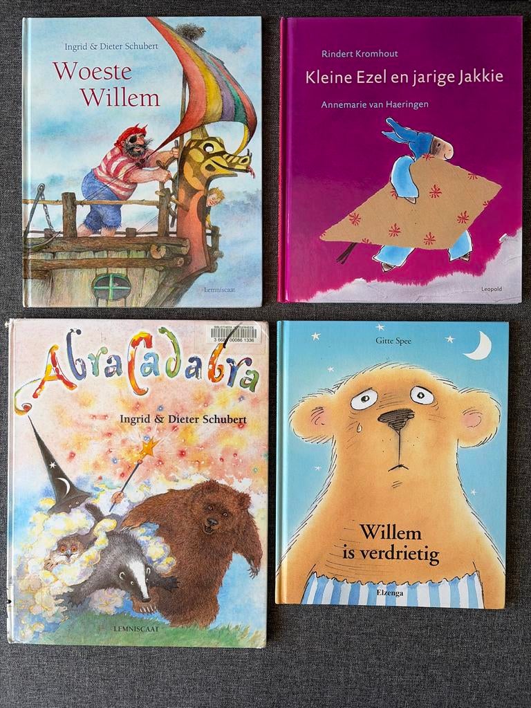 4 Kinderboeken: Woeste Willem, Kleine Ezel, Abracadabra, Wil, Boeken, Ophalen of Verzenden, Zo goed als nieuw