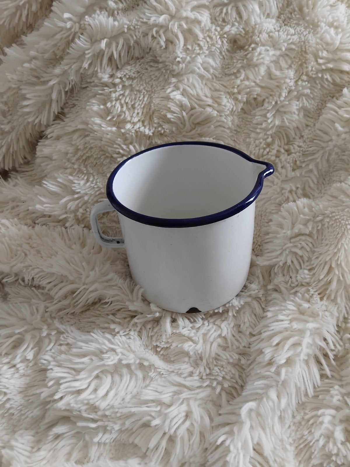 Vintage geëmailleerde maatbeker 1 liter wit/blauw, Antiek en Kunst, Ophalen of Verzenden