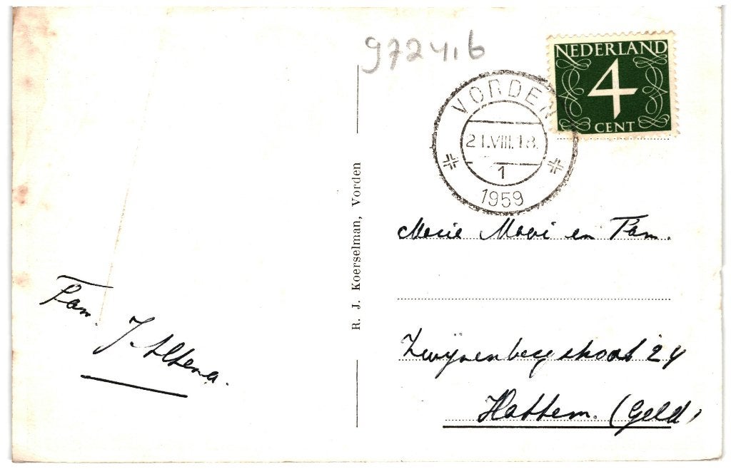 972416	Vorden	Wuestenenks Vonder	1959	Gelopen met zegel, Verzamelen, Ophalen of Verzenden, 1940 tot 1960, Gelopen, Gelderland