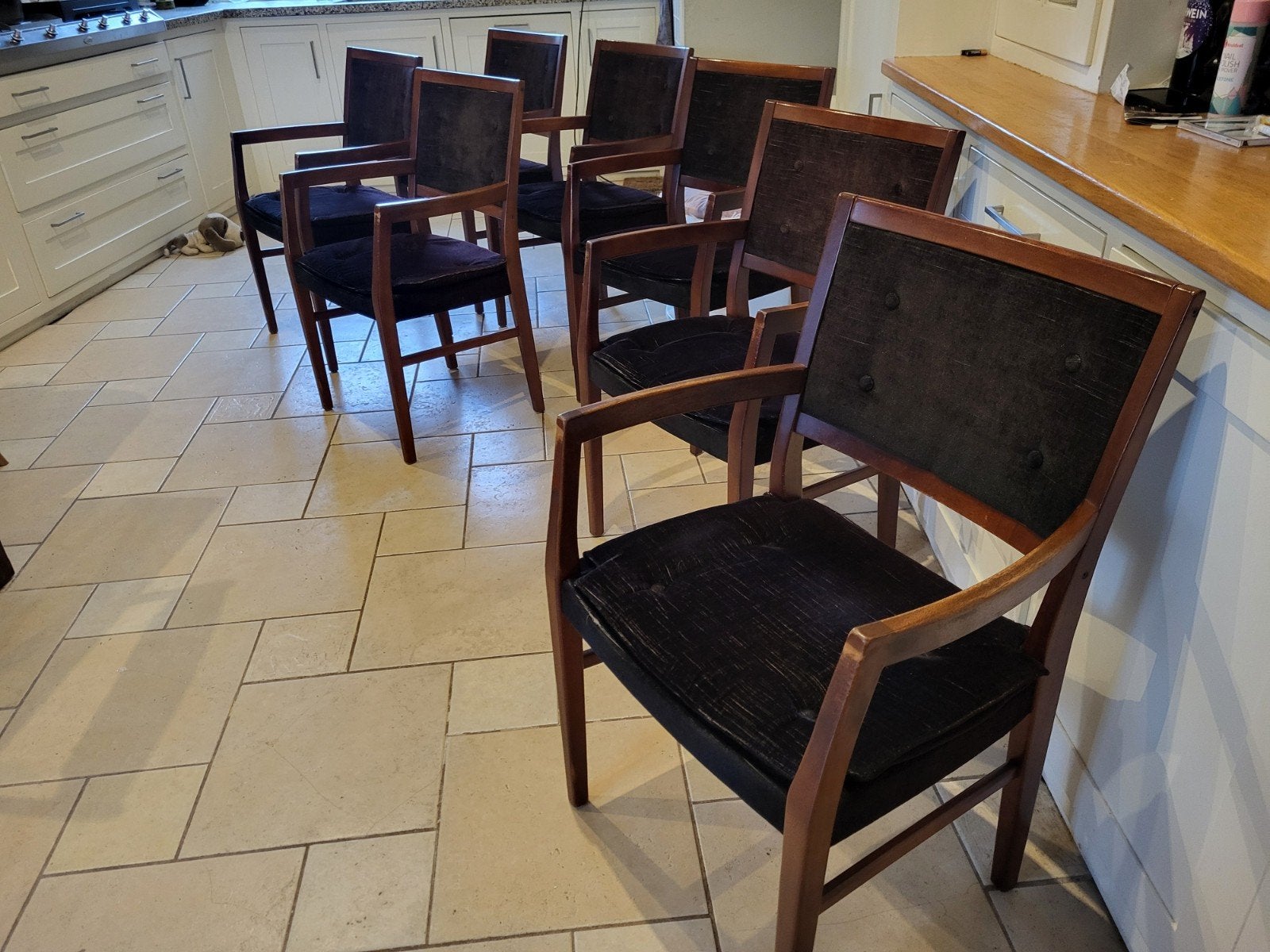 7 x vintage danish design stoelen verlours stof, Huis en Inrichting, Stoelen, Ophalen, Gebruikt, Bruin, Stof