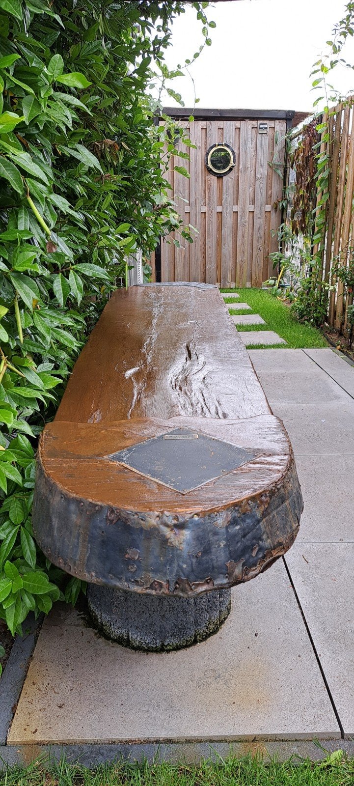 Unieke tuintafel van oud eiken zijzwaard botter, Ophalen, Gebruikt, Ovaal, Hout