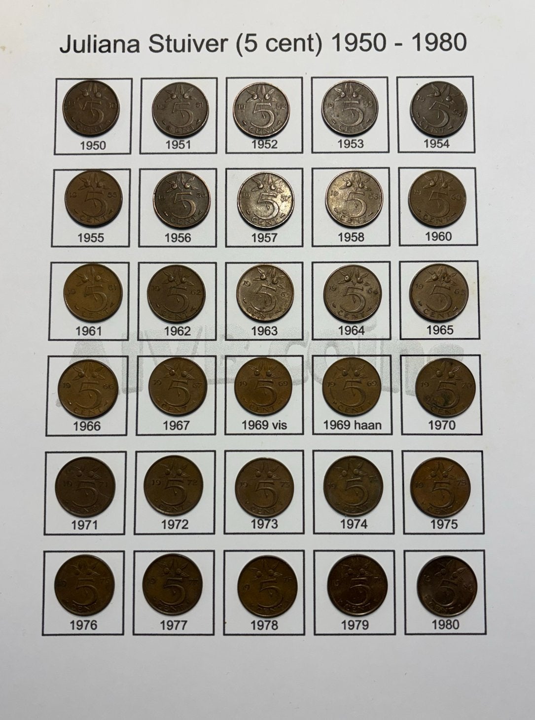 Juliana Stuiver (5 cent) 1950 - 1980, inclusief vis en haan, Ophalen of Verzenden, Koningin Juliana, 5 cent, Setje
