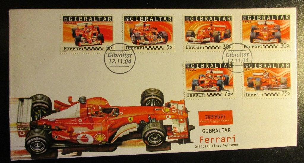 Gibraltar, FDC serie Formule 1 Ferrari, 2004, Ophalen of Verzenden, Overige landen, Gestempeld
