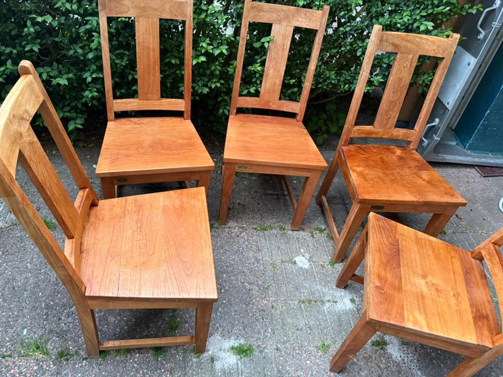 Eetkamer stoelen 5x teak, Ophalen, Gebruikt, Bruin, Vijf, Zes of meer stoelen