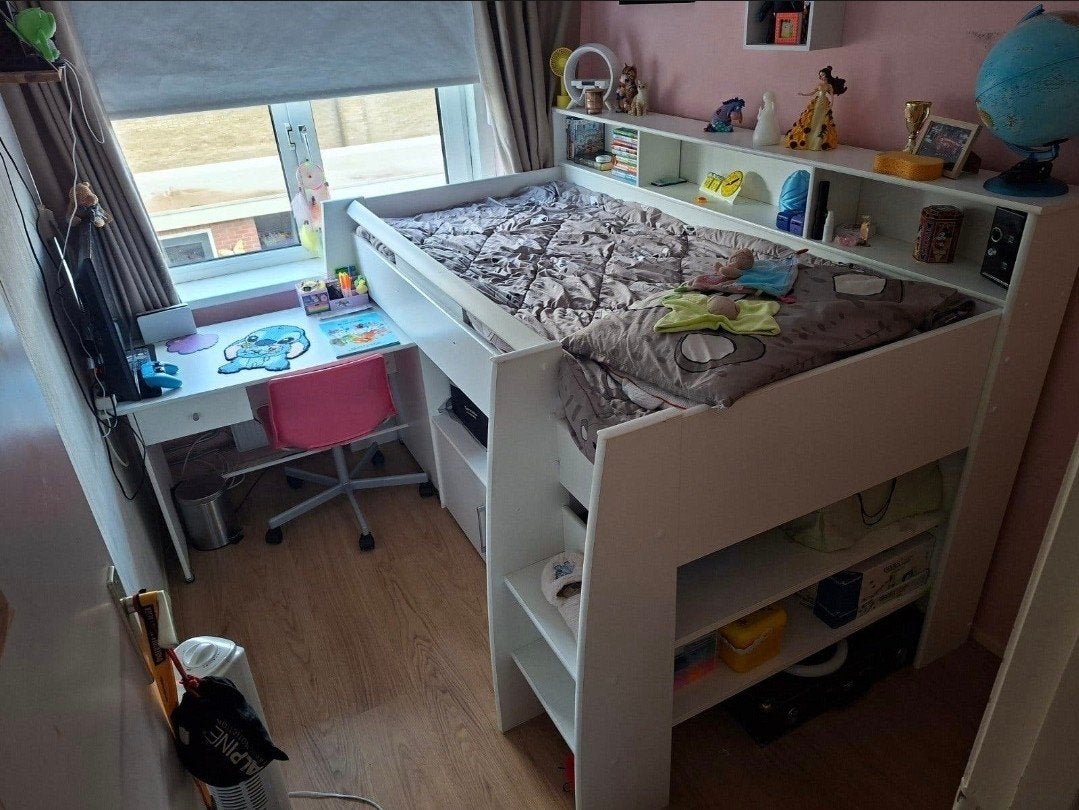 Halfhoogslaper met bureau en opbergruimte, Gebruikt, 90 cm, Eenpersoons, Minder dan 160 cm