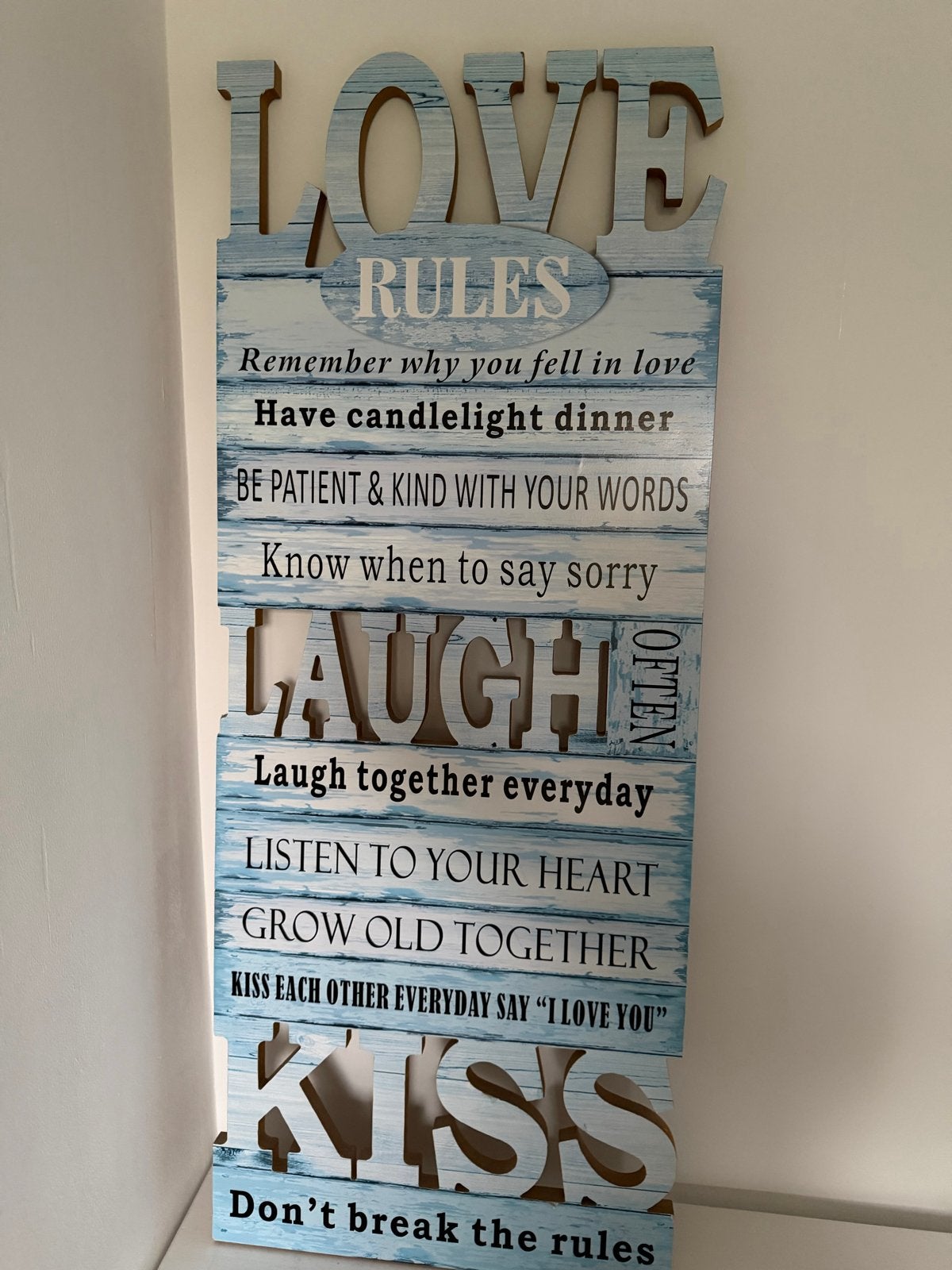 Decoratief houten bord "LOVE RULES" - Wanddecoratie, Ophalen, Hout, Blauw, Landelijk