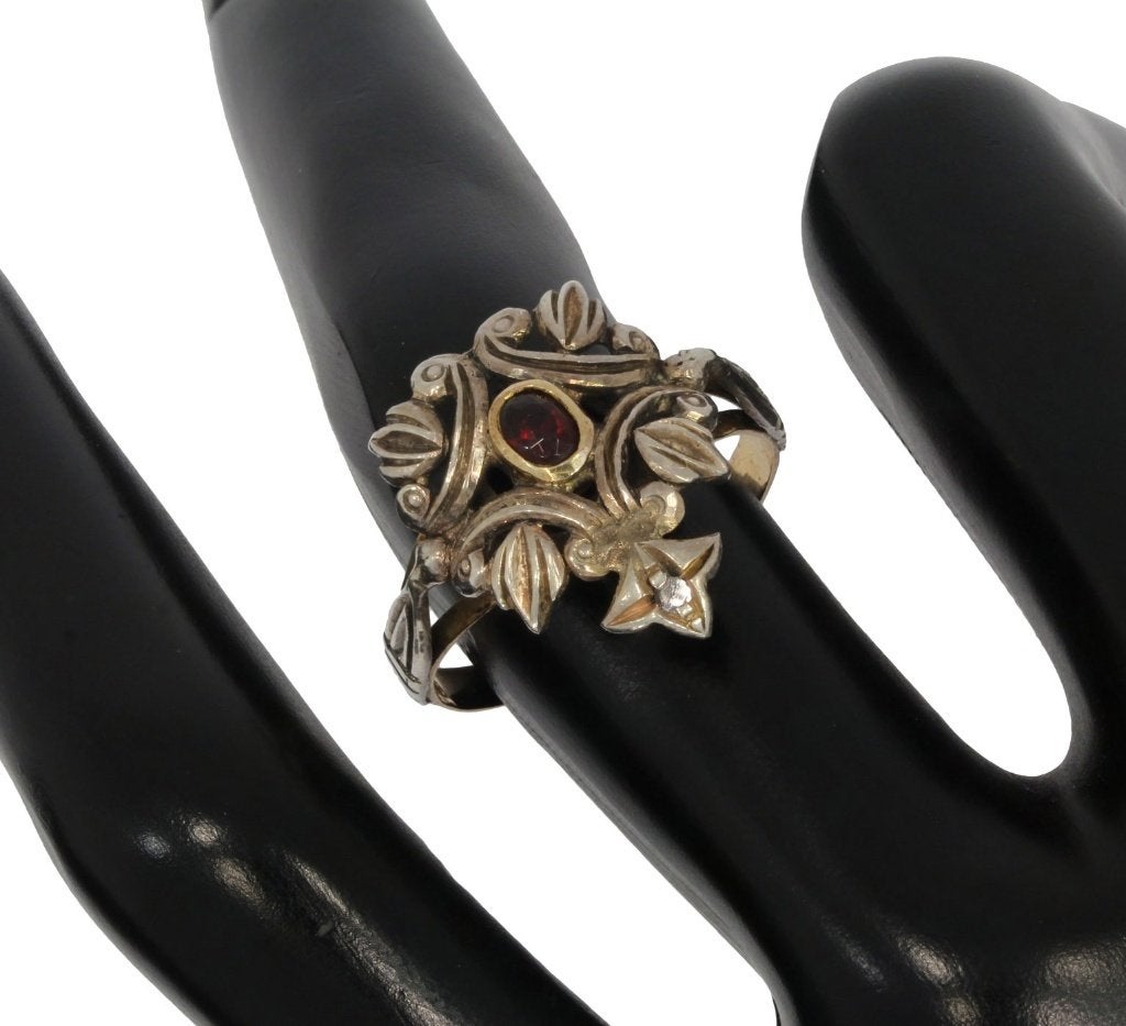 Kroon ring antiek 18k goud portugal granaat diamant zilver