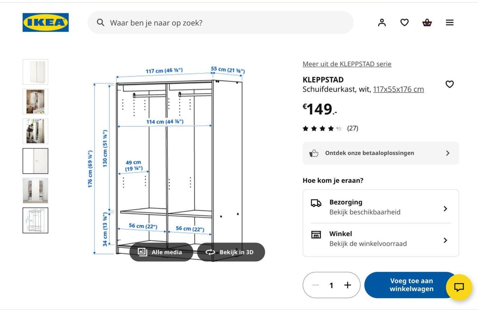 kledingkast,  Witte hang en legkast met schuifdeuren, Met deur(en), Gebruikt, 100 tot 150 cm, Ophalen of Verzenden