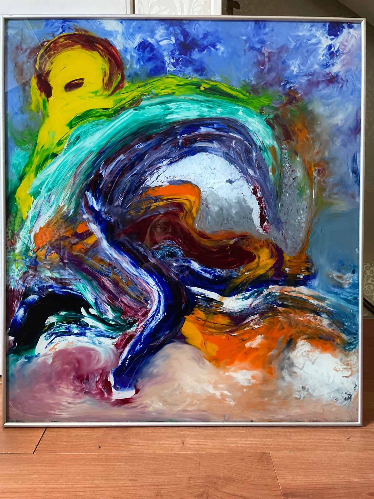 Groot Abstract kunstwerk met RVS lijst 83x75, Ophalen, Abstract, Glas, Achter glas