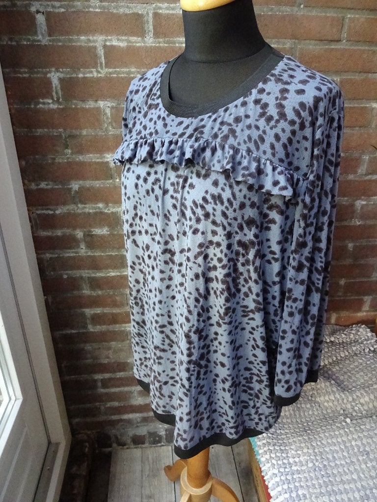 Petrol blauw met zwarte panter vlekjes Norah bloesje mt 46, Maat 46/48 (XL) of groter, Norah, Gedragen, Verzenden