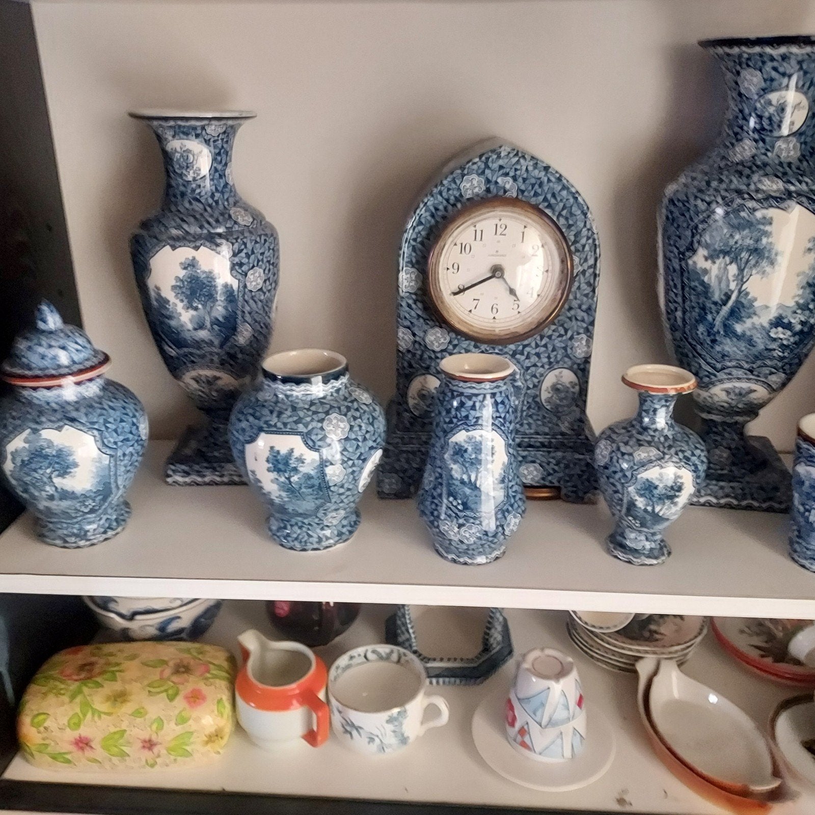 Delfts Blauw Stijl Decoratieve Set met Klok en Vazen, Ophalen of Verzenden